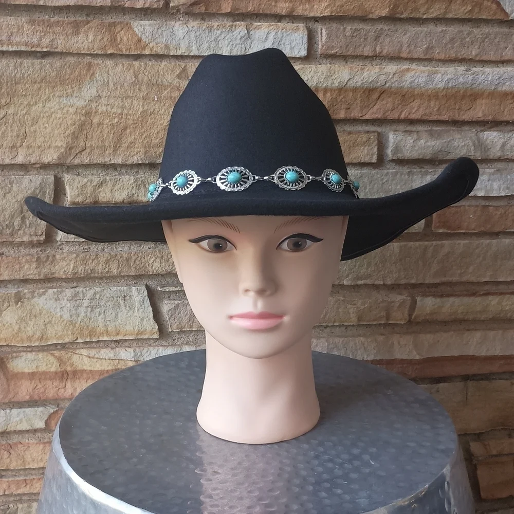 NWT Frye Black Cowboy Style Hat with Turquoise Detailed Band